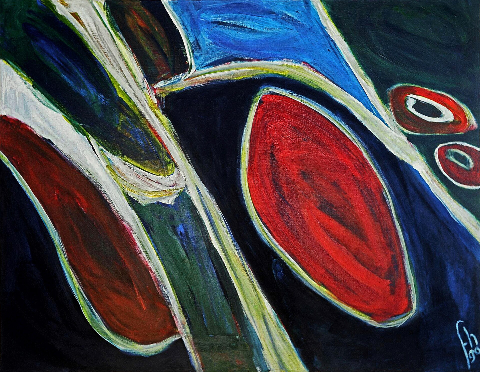 Abstract 1990 Abstract Diagonal Composition With Oval Discs' Big Abstract Painting; Free Download Art Image By Dutch Painter Artist Fons Heijnsbroek Full HD Wallpaper #3805