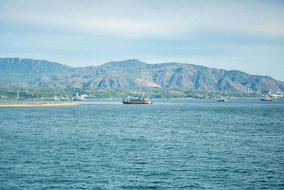 Nature Peaceful Seascape With A Ferry And Mountains Under A Clear Sky. HD Wallpaper #3822